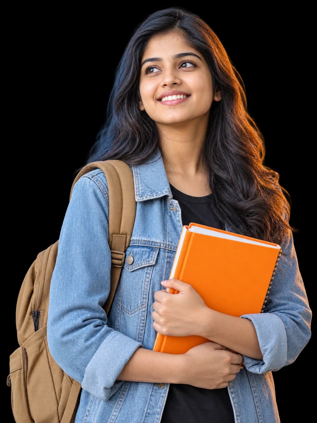 A smiling student holding notebooks, ready to study abroad